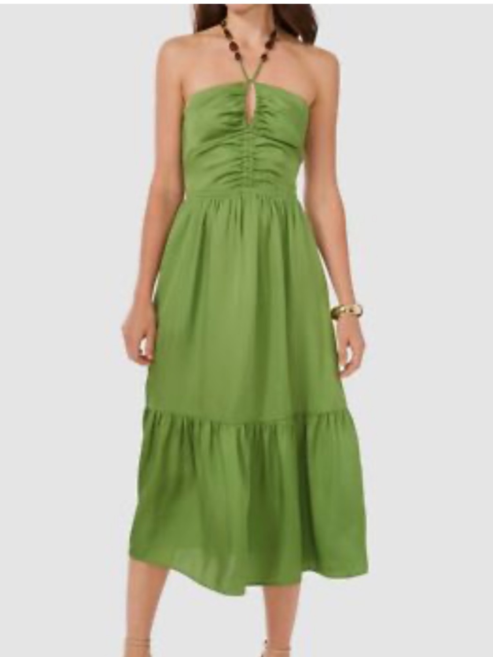 1.STATE 6 Women's Beaded Halter Neck elasticized waist Midi Dress Pockets Green